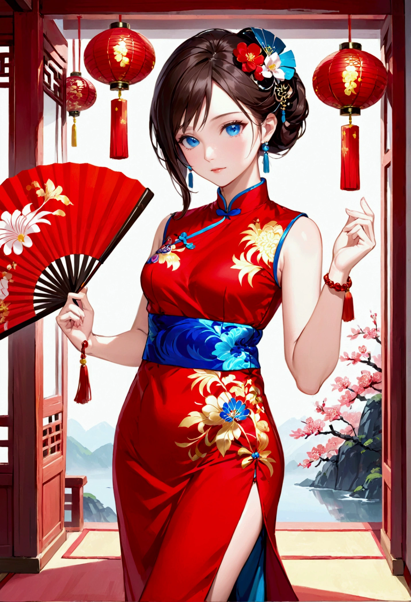  ((masterpiece))，girl with dark brown hair, blue eyes,Tall, rectangular body type, Mature,（Exquisite red cheongsam），（Fan in one hand），（One hand crosses the waist）