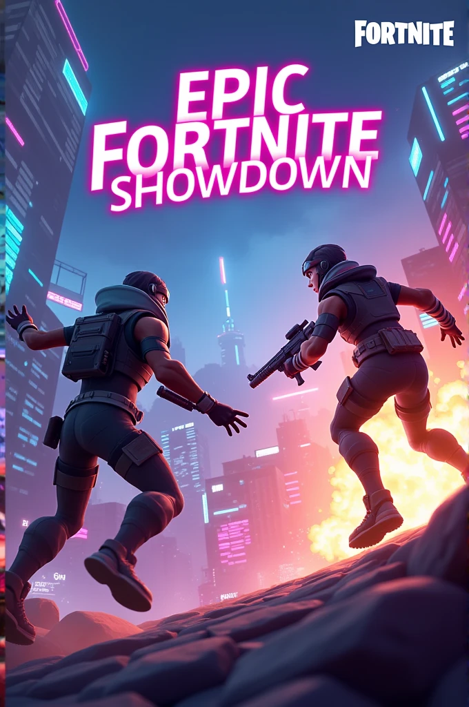 Certainly! Here's a prompt you can use for generating a YouTube thumbnail for Fortnite:
**Prompt:** "A dynamic and intense Fortnite battle scene featuring vibrant neon colors and high-energy action. Two characters, one wielding a futuristic weapon and the other dodging, are in mid-air with a bright explosion in the background. The setting is a futuristic cityscape with towering skyscrapers and holographic displays. Add a bold, eye-catching title text 'Epic Fortnite Showdown' with the Fortnite logo subtly in the corner."
This should give you an exciting and engaging thumbnail for your Fortnite content!