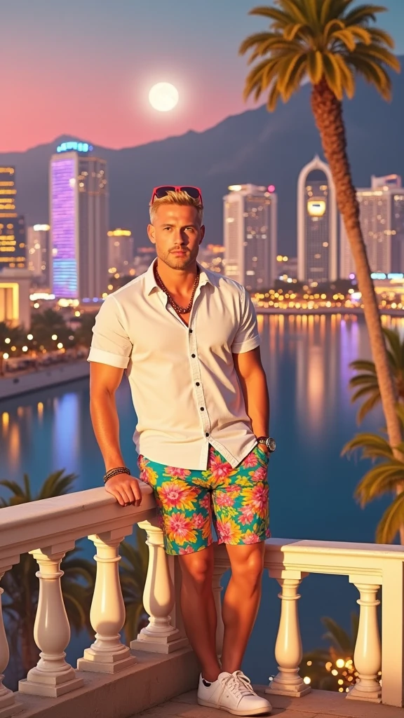 *"A strikingly handsome man with an all-American look stands with his back partially turned to the camera, his chiseled, well-defined face in clear view. He has short, sleek blonde hair and piercing blue eyes that reflect the vibrant lights of the city, embodying the charisma of a Hollywood star. He is dressed in vividly colored, floral-patterned shorts, a crisp white shirt, a stylish bracelet on his wrist, and pristine white sneakers. Red sunglasses are perched casually on his head, adding a touch of boldness to his appearance. He is overlooking a breathtaking, paradise-like city at night, teeming with life and color. The skyline is adorned with towering palm trees and illuminated by a myriad of neon signs and colorful lights that cast a kaleidoscope of hues across the scene. The serene, moonlit sky adds a dreamy quality, while the calm waters below mirror the dazzling city lights. The photograph is captured using a Canon EOS R5 camera paired with a 50mm f/1.2 lens, delivering exceptional clarity and depth of field. The lighting is expertly balanced, highlighting every intricate detail of the man's features and attire while beautifully capturing the vividness of the surrounding cityscape. The perspective is at eye level, emphasizing both the man's commanding presence and the enchanting, illuminated city that stretches out before him. The overall atmosphere exudes a sense of calm, wonder, and reflective serenity amidst the energetic pulse of the night city."*