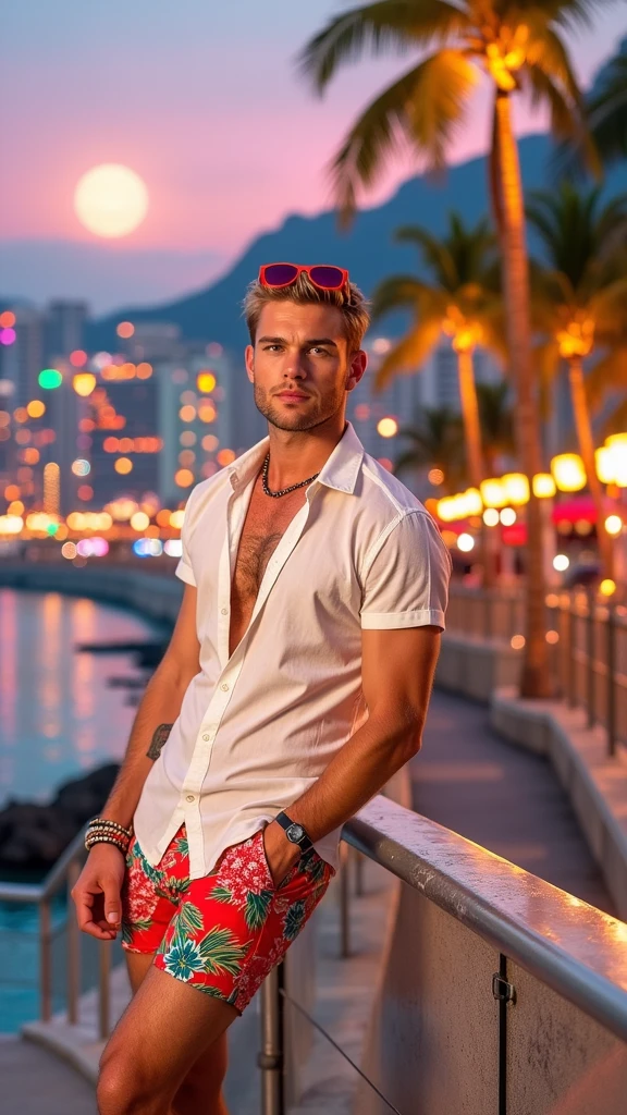 *"A strikingly handsome man with an all-American look stands with his back partially turned to the camera, his chiseled, well-defined face in clear view. He has short, sleek blonde hair and piercing blue eyes that reflect the vibrant lights of the city, embodying the charisma of a Hollywood star. He is dressed in vividly colored, floral-patterned shorts, a crisp white shirt, a stylish bracelet on his wrist, and pristine white sneakers. Red sunglasses are perched casually on his head, adding a touch of boldness to his appearance. He is overlooking a breathtaking, paradise-like city at night, teeming with life and color. The skyline is adorned with towering palm trees and illuminated by a myriad of neon signs and colorful lights that cast a kaleidoscope of hues across the scene. The serene, moonlit sky adds a dreamy quality, while the calm waters below mirror the dazzling city lights. The photograph is captured using a Canon EOS R5 camera paired with a 50mm f/1.2 lens, delivering exceptional clarity and depth of field. The lighting is expertly balanced, highlighting every intricate detail of the man's features and attire while beautifully capturing the vividness of the surrounding cityscape. The perspective is at eye level, emphasizing both the man's commanding presence and the enchanting, illuminated city that stretches out before him. The overall atmosphere exudes a sense of calm, wonder, and reflective serenity amidst the energetic pulse of the night city."*