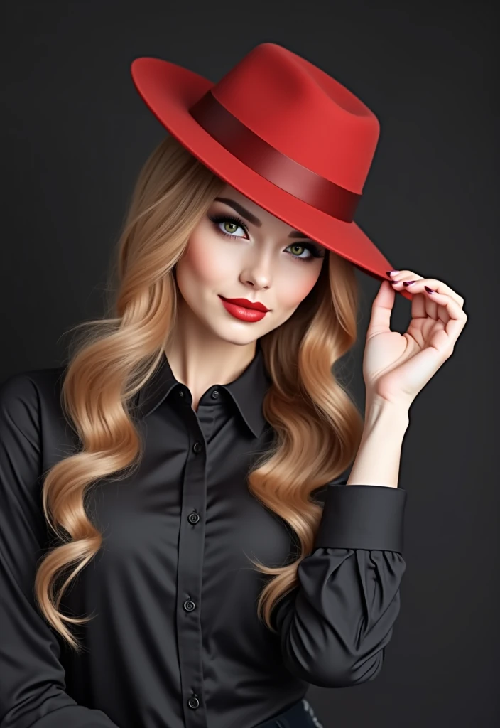 a close up of a woman wearing a red hat and black shirt, red hat, red dress and hat, with hat, anna nikonova aka newmilky, she is wearing a hat, red and black tones, red cap, in red and black, lovely woman, black and red tones, cute woman, accents of red, attractive and beautiful, yelena belova