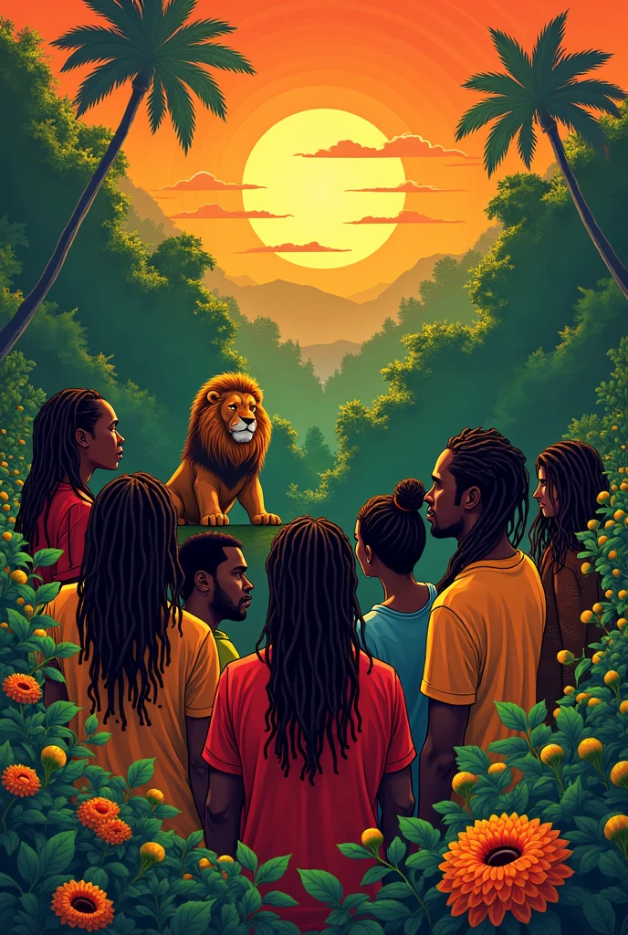 Red Reggae Colors and Symbols, yellow, Unripe, forst, sunset, several people with dreadlocks, Lion