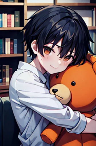 1 boy, he hugs a big orange teddy bear, Upper body shot only, Black short hair, He is wearing a white shirt, He smiles gently., Bed, Bookshelf, ornamental foliage plant