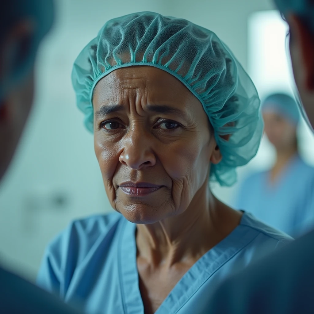 50-year-old black woman apprehensive, with surgical cap. Are you going to have a fertilization procedure?. 