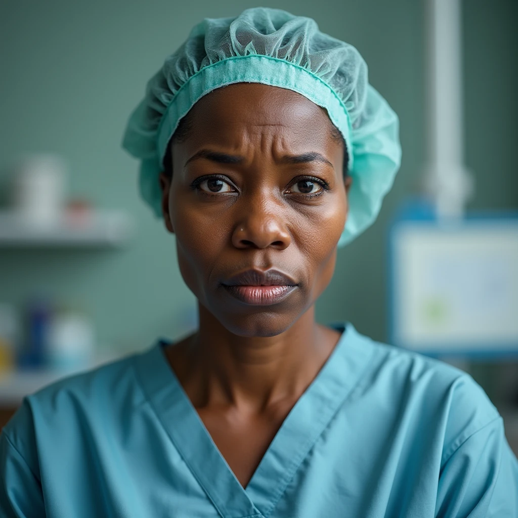 50-year-old black woman apprehensive, with surgical cap. Are you going to have a fertilization procedure?.