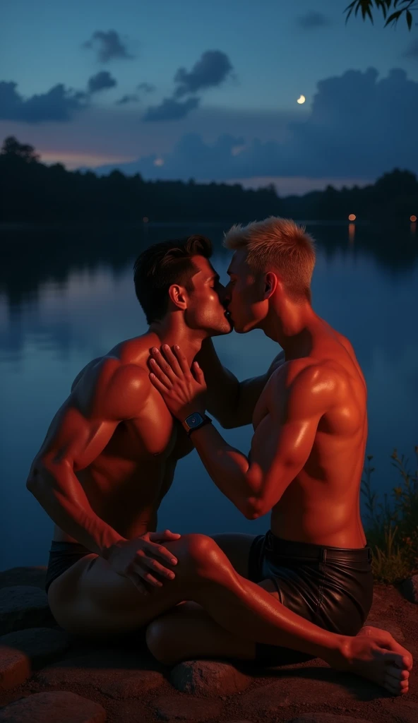 photorealistic, yaoi, best quality, masterpiece, extremely detailed, close up, two men, wearing tiny speedos, extremely handsome 25 year old man with middle parting dark hair, extremely handsome 30 year old filipino man with short blond hair, muscular bodybuilder, sitting by a lake, kissing and holding each other's faces lovingly, crescent moon in the sky, vibrant colors, extremely romantic atmosphere, dark cinematic lighting, dramatic shadows, perfect hands, perfect fingers, perfect face