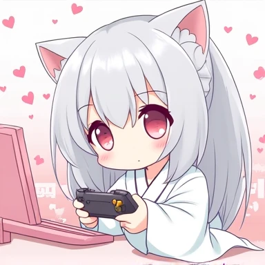 One Woman,Gray Hair,Cat ear,((Chibi Character)) Heterochromia iridis,Red eyes,,White kimono,Looking at a pc monitor,Have a game controller,Enter your text in the bottom right corner of the fantasy image,A very popular font,