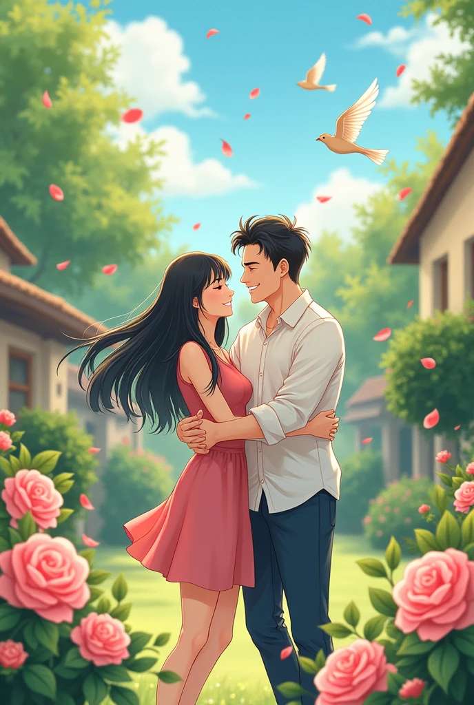 2 black-haired women, one with short hair and the other with long hair, and 2 men hugging each other super happy in the backyard of their house while roses bloom and birds fly around super free 2d anime