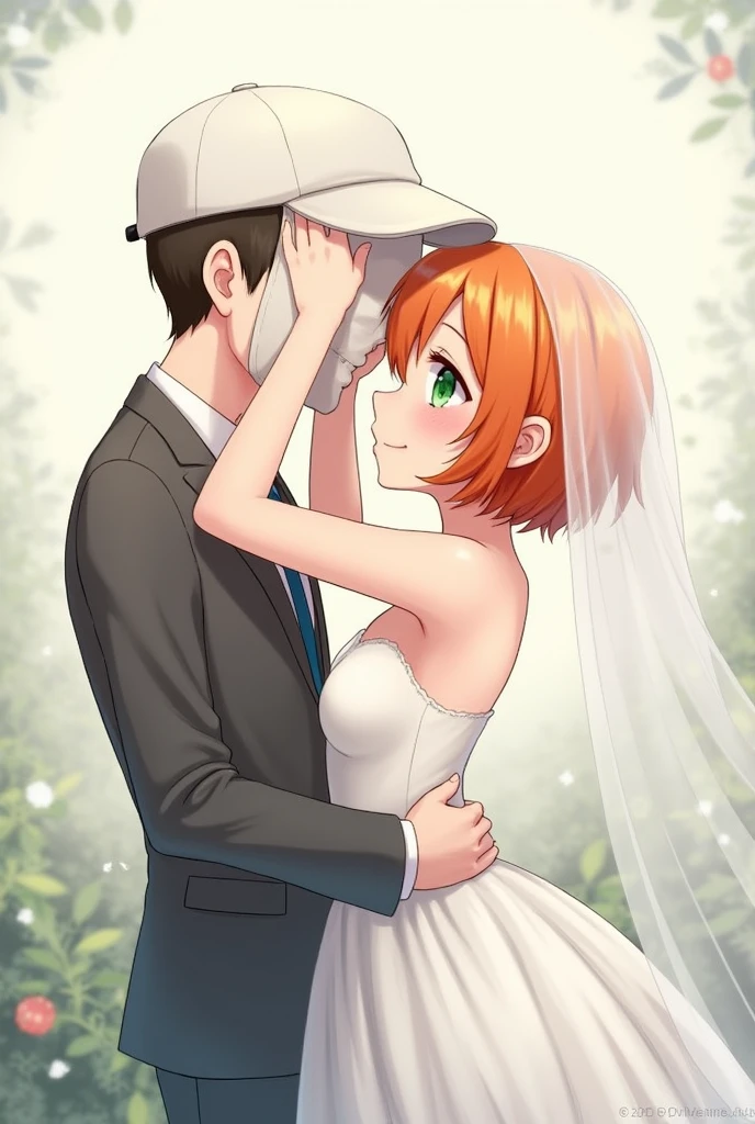 Draw Ash in a wedding suit ,wearing a white cap and Misty in a beautiful wedding dress.
Let the bride's hair be short and orange and wear a veil.
Let the bride's eyes be green and the groom's brown.
That the groom is about to kiss her but she covers him with her cap.