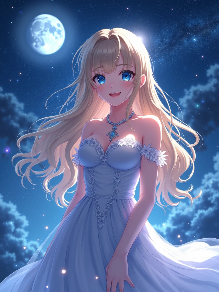 (masterpiece、Highest quality、8k、High resolution)、(The best beautiful girl)、Best Style、(The most beautiful anime girls)、Clear skin、Clean blue eyes、Beautiful lips、smile、Beautiful white upper teeth、Beautiful nose、Blonde Hair、Ample breasts、Beautiful starry sky、full moon、milky way、(体whole bodyから神秘的な光の粒子、Colorful Light)、(jewelry、necklace)、dress、(whole body)、Highly detailed anime art、A complete portrayal、Detailed CG、