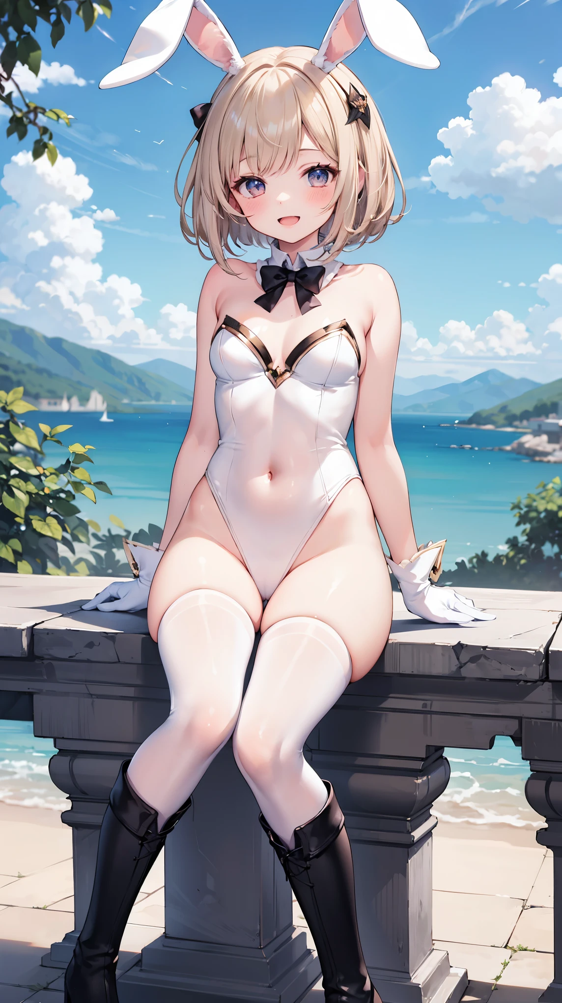 GRANBLUEfantasy,ung_teeirl,brown_hair,medium_bob_hair,platina_blond_hair,white_leotard,covered_crotch,thigh-highs,smile,standing,bluesky_landscape_background,slightly_spread_legs,happiness, short_gloves ,solo, r18, navel,relicbuster,short,boots,open_mouth,sitting,knees,blush,shy,bunny_ears