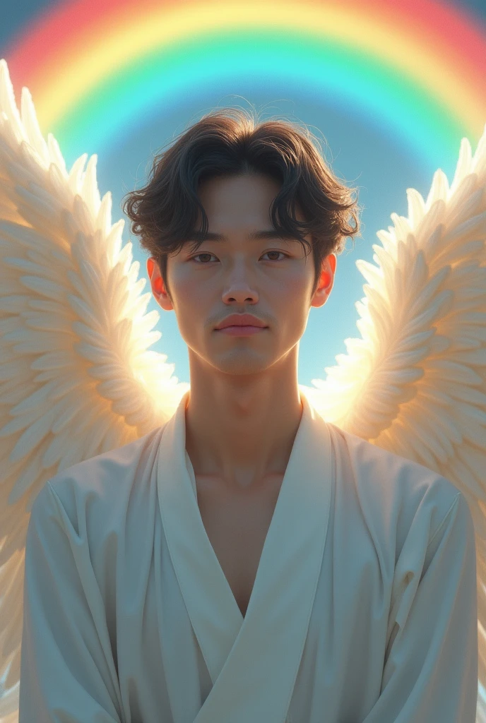 日本人male、Mysterious face、Beautiful angel wings、looking at the camera、Upper body image、Beautiful Face、30 years old、front、Smiling、Healing Face、male、Angelic white clothes、Beautiful rainbow on background