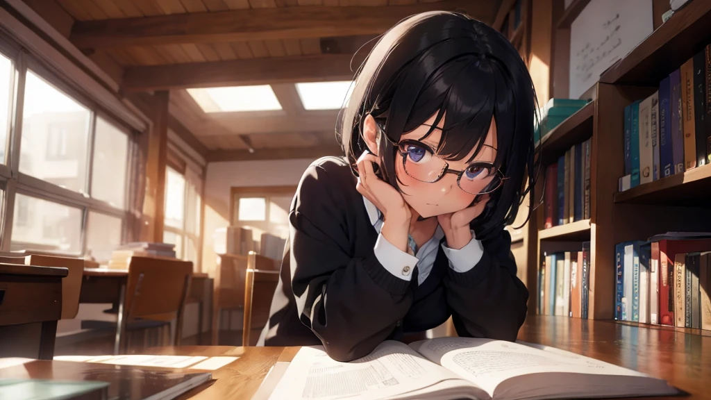 masterpiece, top-quality, High-quality images, high resolution, 8K, 1 student, detailed, Detailed eye depiction, skin gloss, school uniform, large breast, Lustrous hair, Black short-haired, disheveled hair, Round glasses, Narrow old room, many bookshelves, studying, shy expression, blushing heavily, sitting at table, looking at viewer