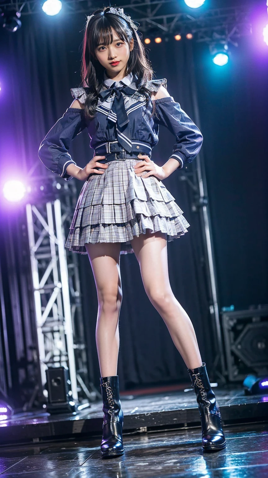 (8k、RAW Photos、Highest quality、masterpiece:1.2)、(Realistic、Realistic)、1 person、((View from the front、Shoulders stick out、stage、See-through、Looking into the camera、check、Dim lighting、boots、mini skirt、High school uniform、、Standing with one hand on hip、Frills、))、cute