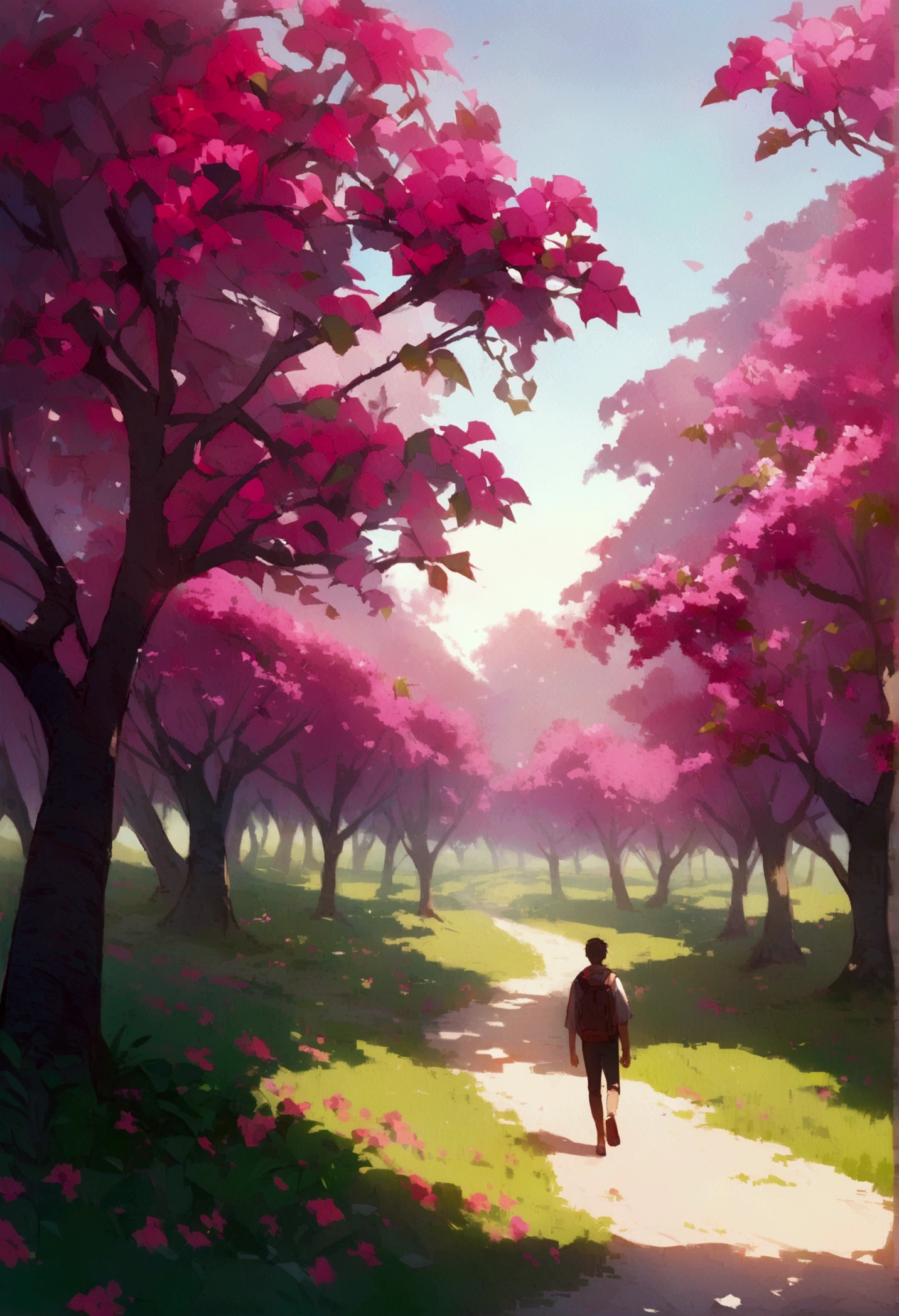 In the background a field full of bougainvilleas,a boy walking in the distance in the,a landscape full