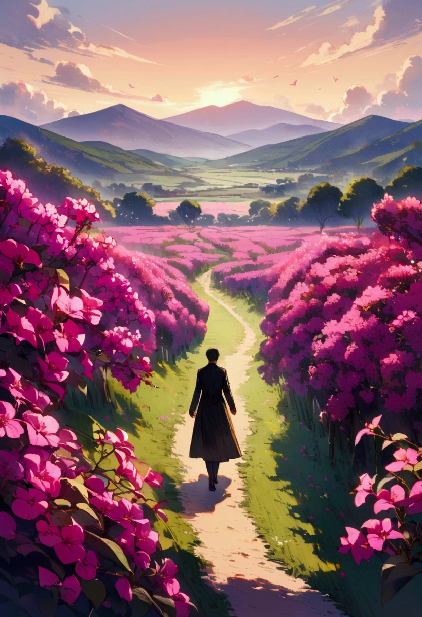 In the background a field full of bougainvilleas,a boy walking in the distance in the,a landscape full