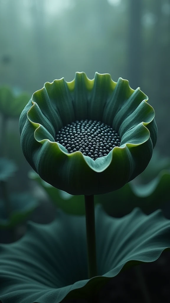A surreal and eerie image featuring a large lotus pod with its characteristic small, closely-packed holes. The pod is magnified and fills most of the frame, with the individual seeds appearing dark and glossy, creating a disturbing visual effect. The background is blurred, featuring a misty, dimly lit environment that enhances the unsettling atmosph