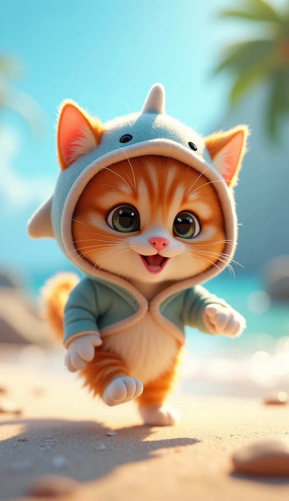 3D cute kitten character、Wearing a happy dolphin costume、running、coastal、masterpiece, Background Blur,