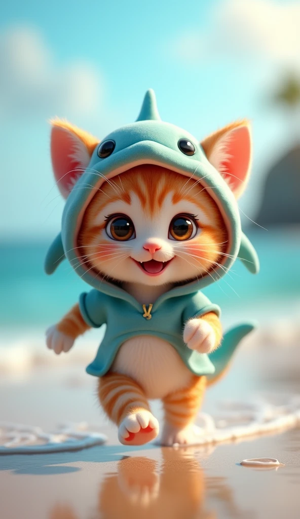 3D cute kitten character、Wearing a happy dolphin costume、running、coastal、masterpiece, Background Blur,