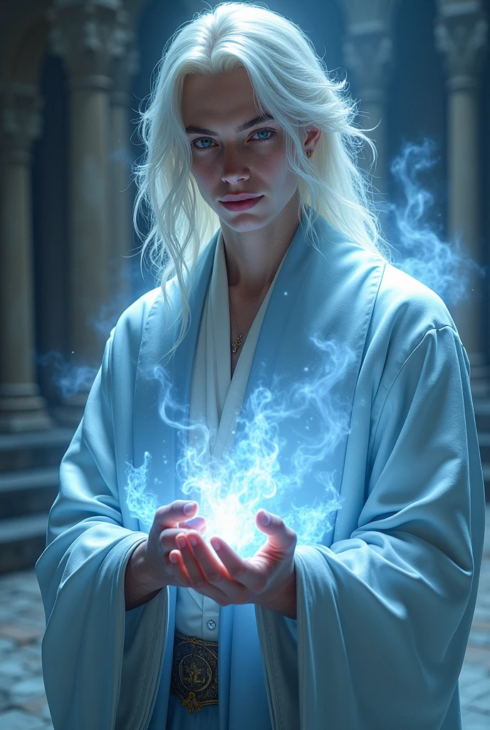 Crie a seguinte imagem:
Conor is a young human wizard of about 24 years of age.. Her long hair is white due to the magic of the goddess Adara which was used in an arcane ritual to make her barren mother pregnant.. Conor is skinny, his skills are not in his physique, but in your intellect and in your magics. Conor wears a light blue silk archmage robe.. And like every chosen one of the goddess Adara, Conor doesn't age, He is Immortal and has control over the White Flames – a magical fire that consumes beyond matter.
attention: make white flames in the palm of Conor's hand and put an aura of white Fire around him.