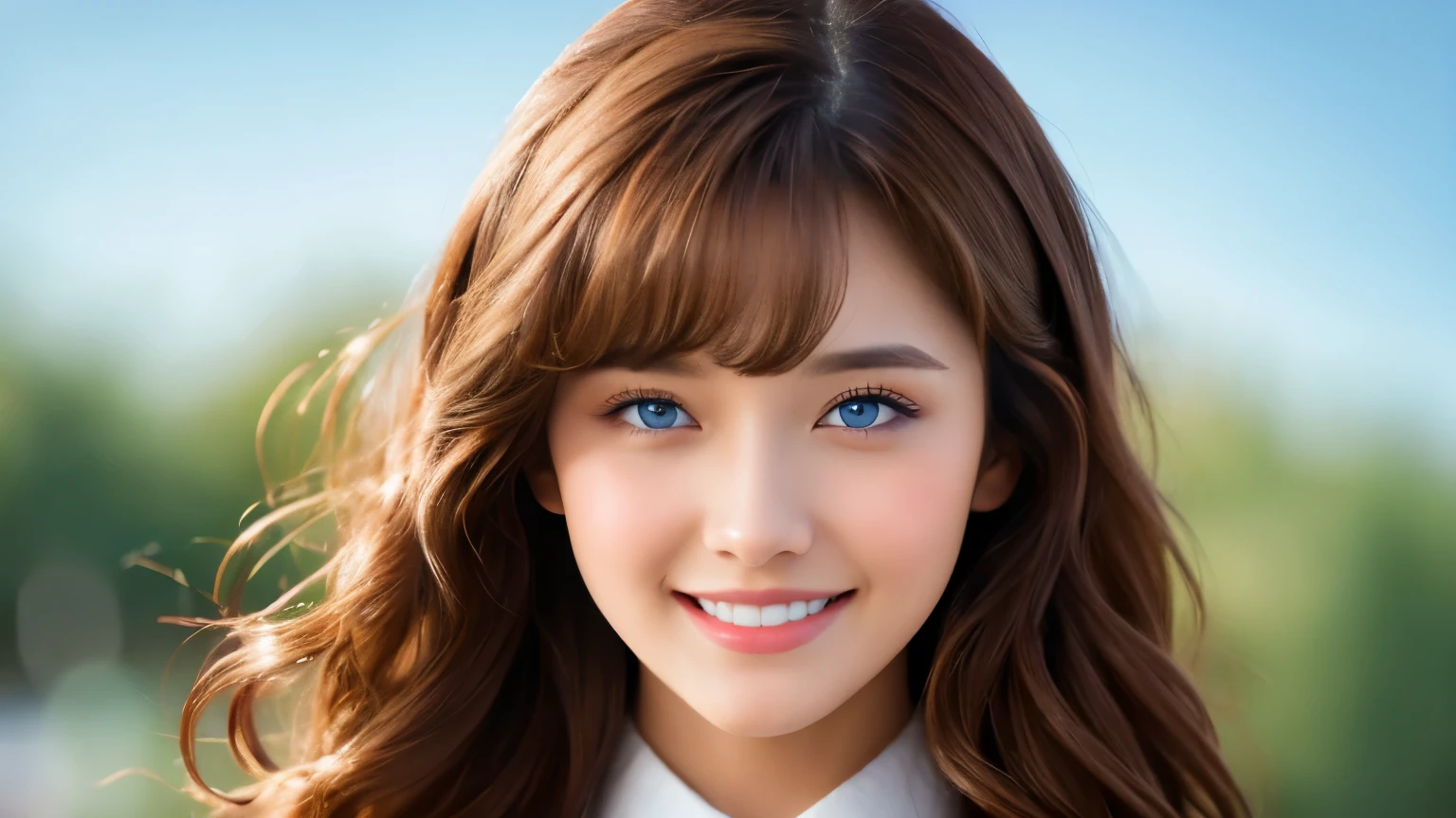 Masterpiece, beautiful details, perfect focus, uniform 8K wallpaper, high resolution, exquisite texture down to the smallest detail, one girl, long hair, looking to the side, blushing, smiling, bangs, stand, looks like a half body, skirt, brown hair, shirt, hair accessory, long sleeves, very long hair, smiling, happy, open mouth, blue eyes, brown sky.