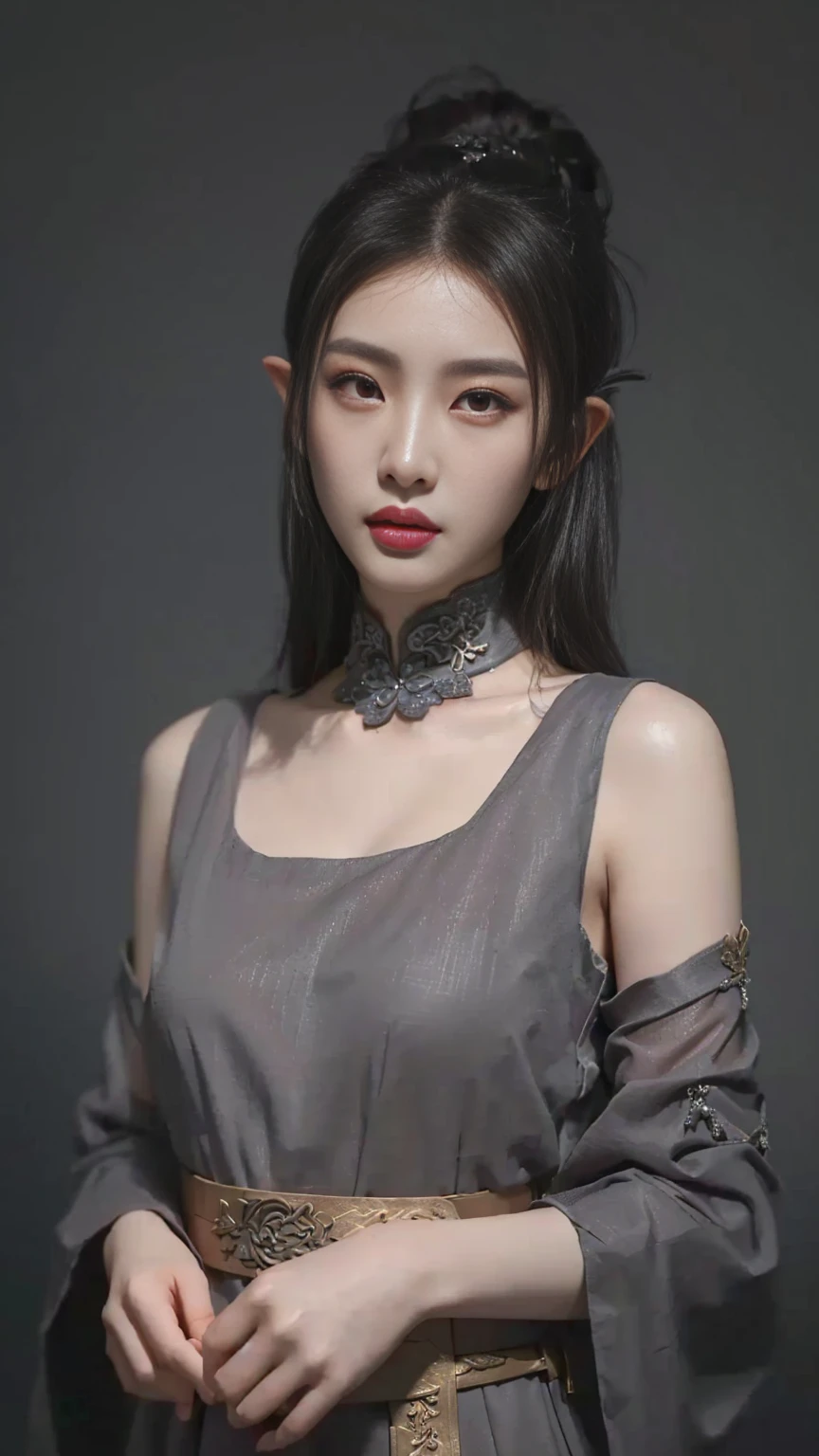 Asian woman wearing grey dress and brown belt, cruel korean goth girl, the style of WLOP, Sentimental and gloomy style, Gu Weiss, Beautiful Chinese model, Very beautiful elf top model, author：Yang J, author：Fan Qi, author：Zhang Han, WLOP |, WLOP. 4K, Ruan Jia and Artgerm