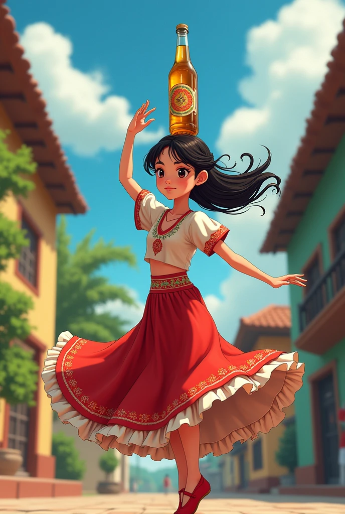 A girl dancing Paraguayan dance with bottles on her head in anime style