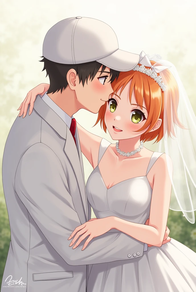 Draw Ash in a wedding suit ,wearing a white cap and Misty in a beautiful wedding dress.
Let the bride&#39;s hair be short and orange and wear a veil.
Let the bride&#39;s eyes be green and the groom&#39;s brown.
That the groom is about to kiss her but she covers him with her cap.