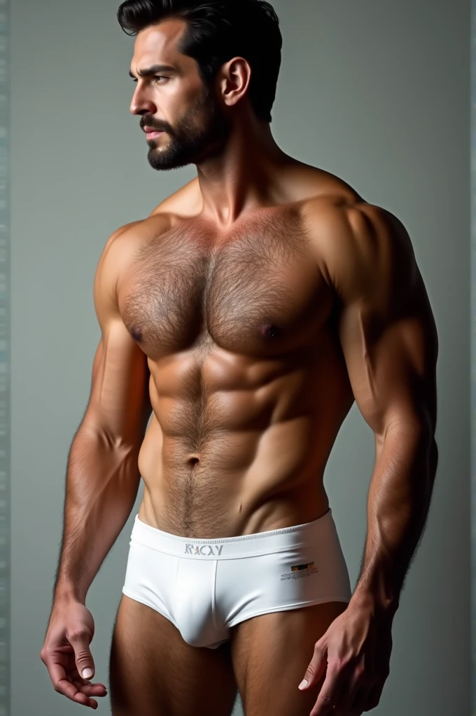 Henry Cavill, forty-one years old, handsome, shirtless, muscular and hairy chest, wearing tight white underwear