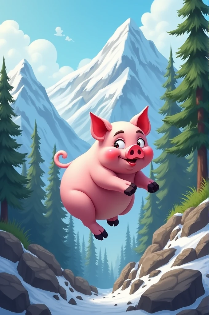 Pig falls rolling off a mountain
