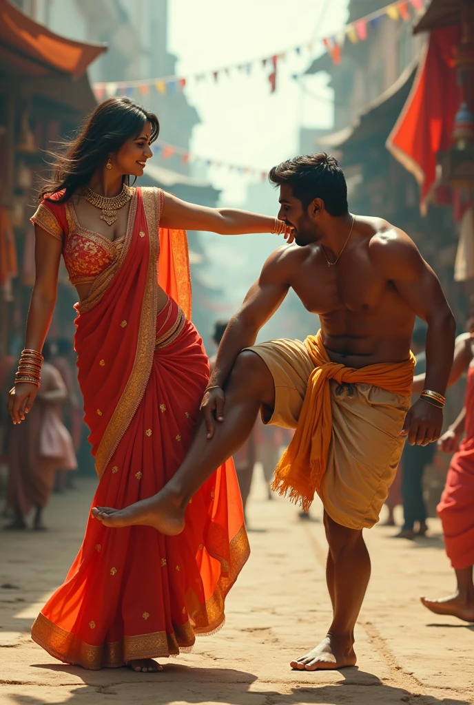 Beautiful saree girl kick a man in balls with her leg knee. Girl laughs, but man cries. Both are standing. Man wears shirt and doties. Women wears saree. The place is in a market