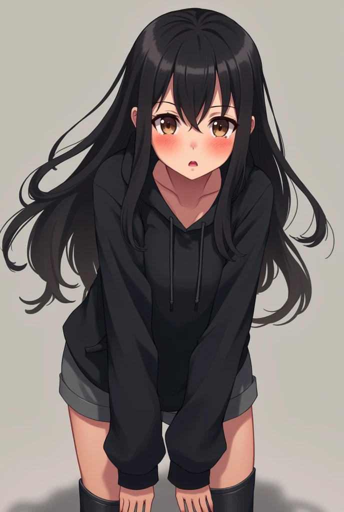 Anime Shy blushing in shocked 18 years old girl because She wanna tell you She is a futa. Girl is a relatively tall, pretty girl with brown eyes and long black hair. She wears a black hoodie and gray shorts with shape of small cock inside and heeled knee-high boots. She cries and blushes because She wants to tell you that she is a futa but is scared you gonna leave her so she cry in fear.