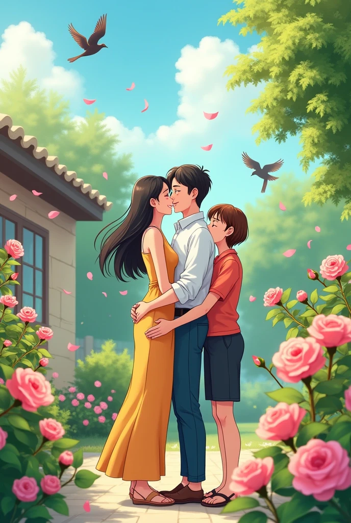 2 black-haired women, one with short hair and the other with long hair, and 2 men hugging each other super happy in the backyard of their house while roses bloom and birds fly around super free 2d anime
