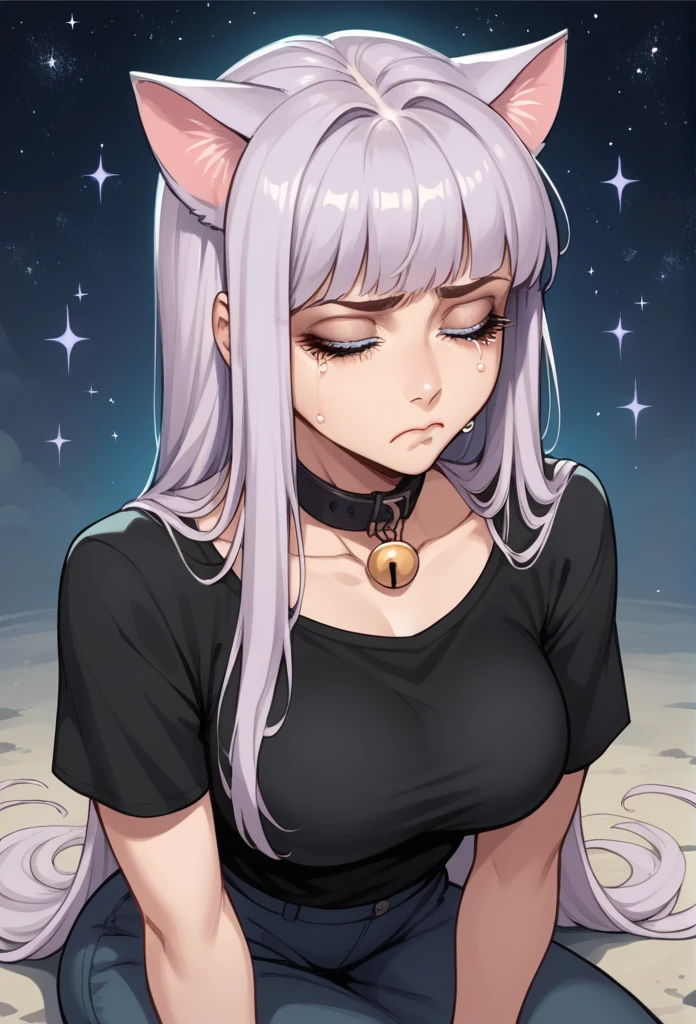 1girl, cat ears, long hair, bangs, light purple hair, gorgeous blue eyes, eyeliner, long lashes, collar, black shirt, breasts, starry background, sad eyes, frown, sad eyebrows, tears, eyes closed, anguish, kneeling at a grave
