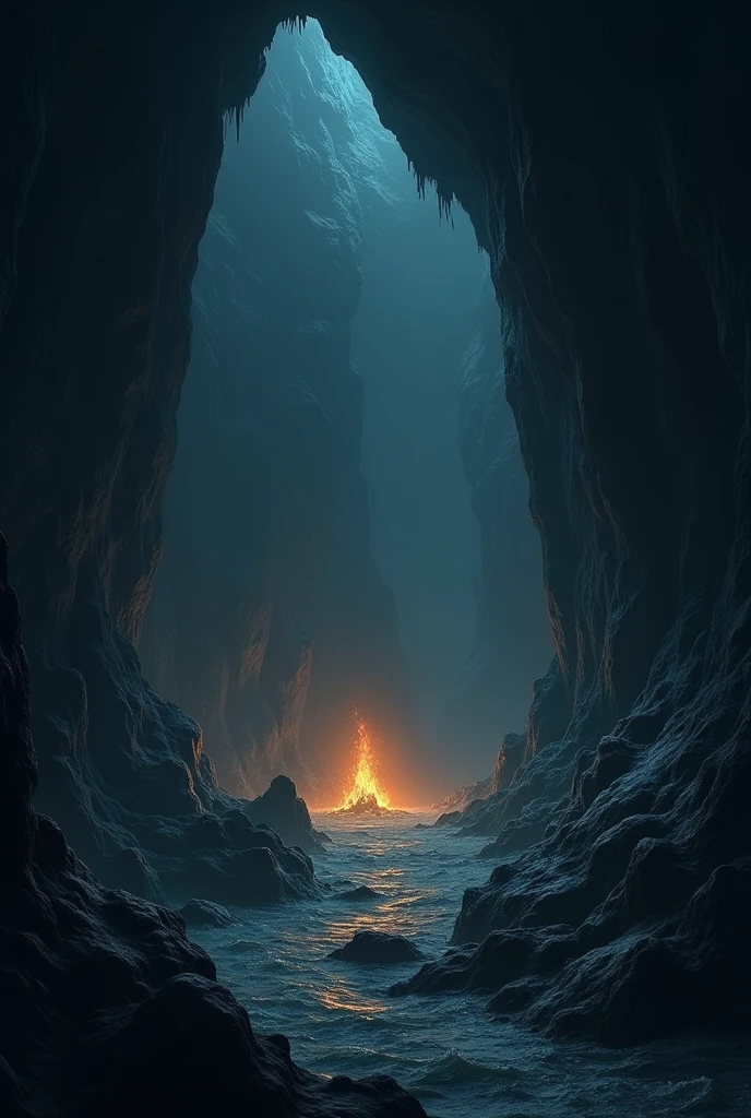 Cave，Dark and gloomy，There is a fire flickering from the depths