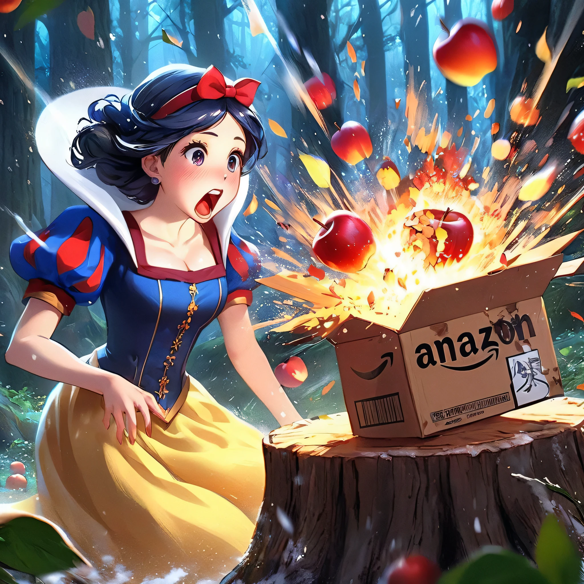 masterpiece、Bold, anime-style illustration、Dense painting、Humorous and crazy。Cinematic lighting、In the forest of medieval Europe、The protagonist is a fairy tale「snow white」The protagonist of Snow White。She is wearing a snow white outfit。Amazon box with apples on a tree stump、The moment she tried to eat the apple、The apple in his hand explodes。A clear and detailed depiction of Snow White being surprised and the apple exploding and scattering.、Motion Blur。