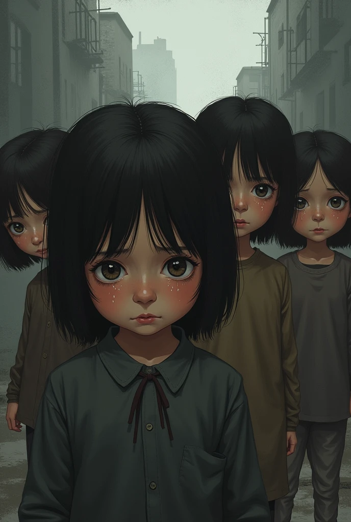 Create an image of a story where sad children are seen
