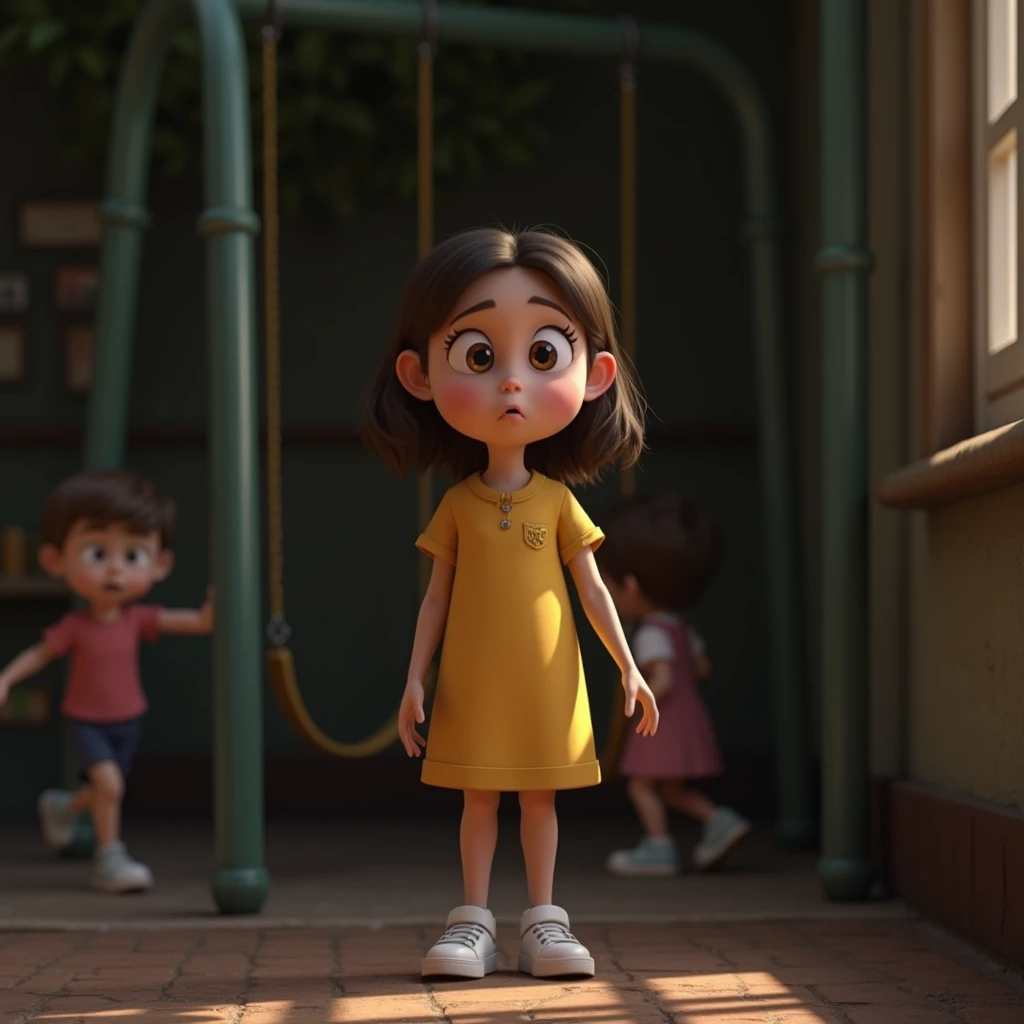 seed 1933410998 - Jamie, 9 years old and girl, with medium length hair, a scared face with wide brown eyes, wearing a yellow frock with short sleeves, knee-length, and white sneakers. She is standing in the schoolyard, surrounded by other kids and swings in the background. Jamie has an intense expression on her face as she talks with Zack, a 10-year-old boy with tousled brown hair and a worried expression. The image is in 3D pixar style, 16:9 ratio."