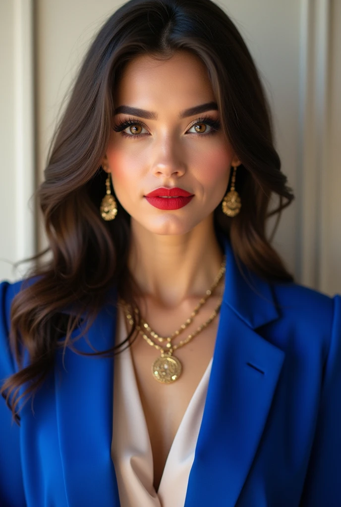 An Arab woman, fair skin and illuminated face, she wears bright red lipstick and eyeliner, your eyes are brown, the background is a light wall in a well-lit, realistic portrait mode photo, She is wearing a royal blue blazer and an off white blouse with a gold necklace and earrings.