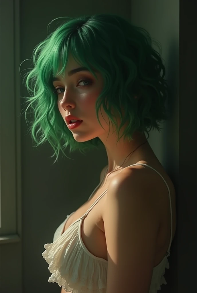 super realism, 1 woman, 20 years, skinny, green hair , sucking a cock with her mouth