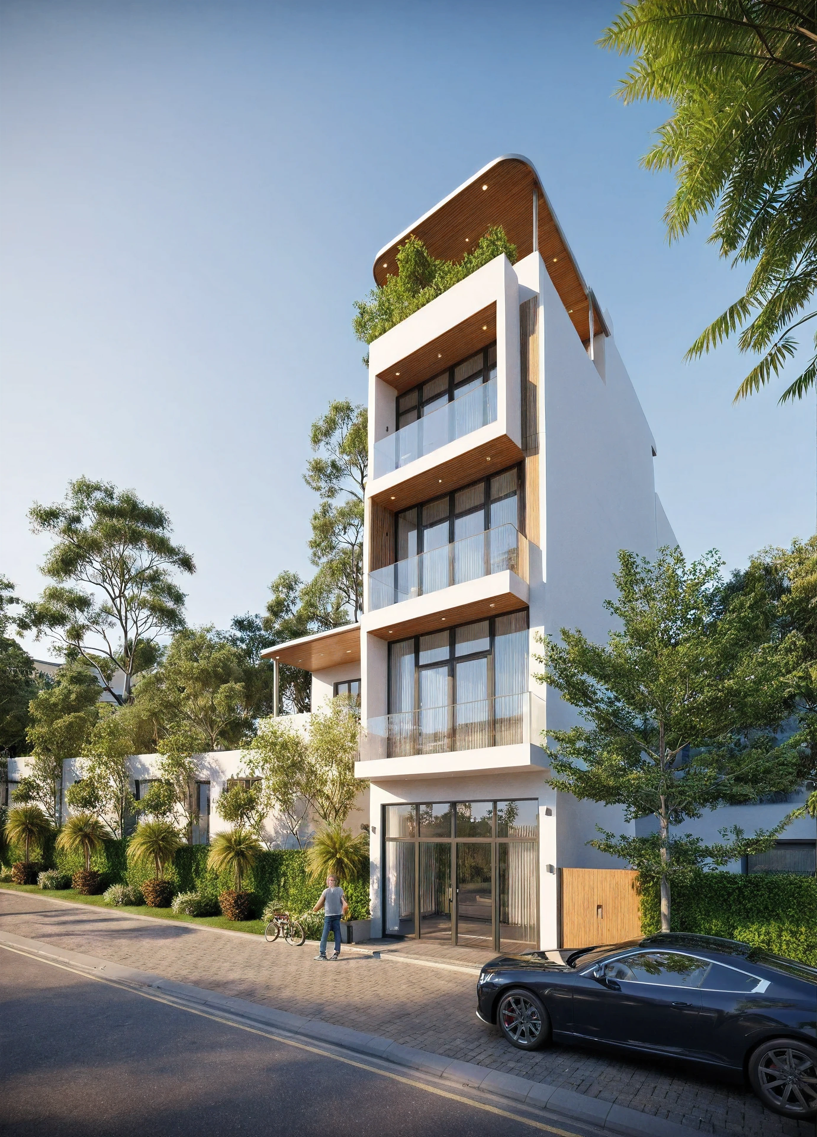 townhouse, Led light, spotlight out door, (modern style:1.2), (Open roof to see the sky), exterior design, perspective view, (open roof), Pavement, alphalt streets road, (next door neighbor's house), (dawn light sky background), Low trees around the house, overall peaceful atmosphere cinematic photo, hyperrealistic artï¼professional, 8k, highly detailed ï¼, (architectural design visualization), (reflection), (focus on object), (material normal bump real reflection), (scattered light), (hidden light) (light ray), (multi-beam light), (sunbeam) (multi-level reflection), (corona software visualization render:1.2),(((Best Quality))), ((Masterpiece)), ((best illustration)), ((best shadows)), ((Super Detail)), (Intricate lines), (Photorealism),(hyper detail), ((archdaily)), ((award winning design)), (dynamic light), ((day)), (perfect light), (shimering light), ((photorealistic)), ((intricate detail)), ((extreme detail)), ((science)), ((hyper-detail)), ((super detail)), ((super realistic)), ((crazy detail)), ((octane render)), ((Cinematic)), ((trending on artstation)), ((High-fidelity)), ((Viwvid)), ((Crisp)), ((Bright)), ((Stunning)), ((Eye-catching)), ((High-quality)),((Sharp))((Bright)), ((Stunning)), Natural, ((Eye-catching)), ((Illuminating)), ((Flawless)), ((High-quality)),((Sharp edge render)), ((medium soft lighting)), ((photographic render)), ((detailed archviz))