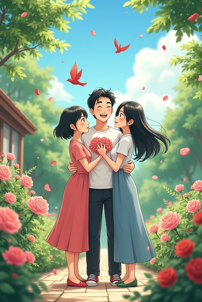 2 black-haired women, one with short hair and the other with long hair, and 2 men hugging each other super happy in the backyard of their house while roses bloom and birds fly around super free 2d anime 