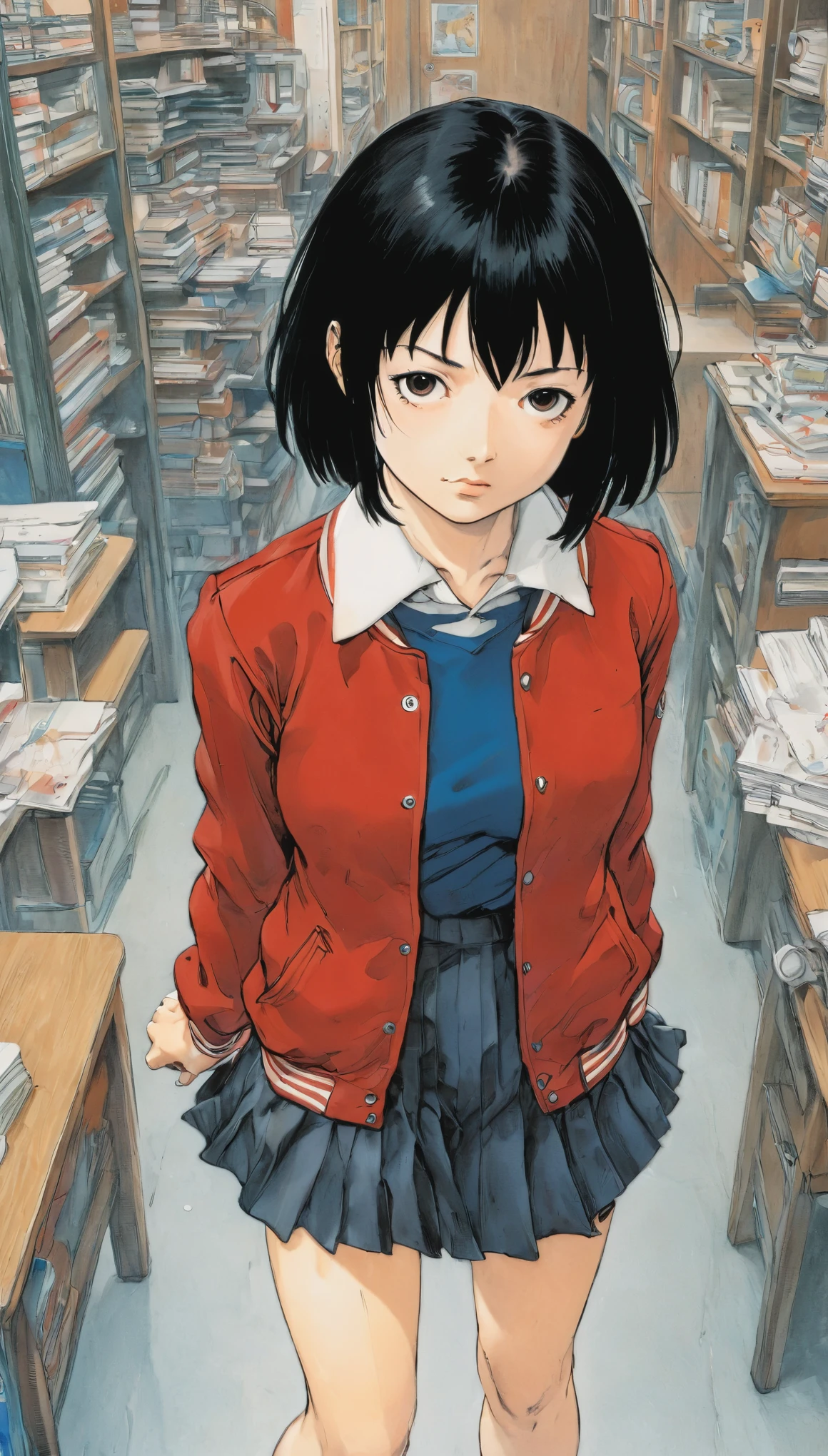 Naoki Urasawa、Beautiful girl、Highest quality、masterpiece、Ultra high definition、Japanese、Red Sukajan、high school girl、Bobcut、Black Hair、8k