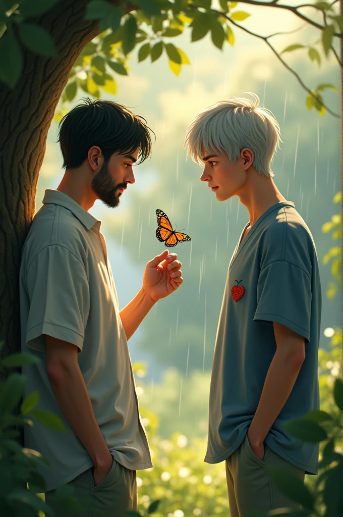 The male protagonist 1 is hospitalized due to illness.、He was leaning against a tree in the hospital garden.、A butterfly is on my finger。The second male protagonist comes to the same hospital with an injury.、Lost in the Garden、Meet the male protagonist by chance。
When the second male protagonist approaches、The butterfly flies off from the protagonist's finger.、After dancing a little near the male protagonist 2、Flew away。The sunlight at that time was very soft.、Rain falls on the silver-gray hair of the male protagonist 2、The hair looks pale、The whole scene feels so gentle and warm.。
This moment、Male protagonist 1 fell in love with male protagonist 2 at first sight.。