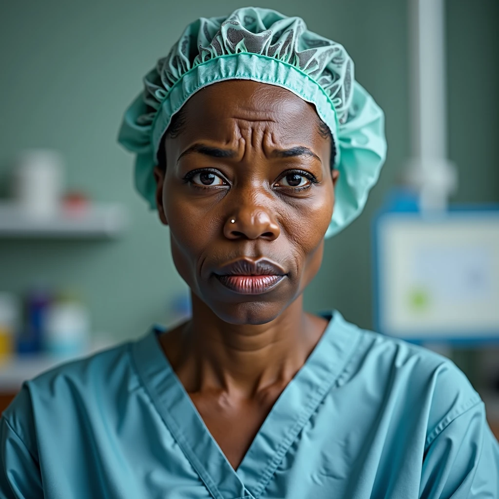 50-year-old black woman apprehensive, with surgical cap. Are you going to have a fertilization procedure?.