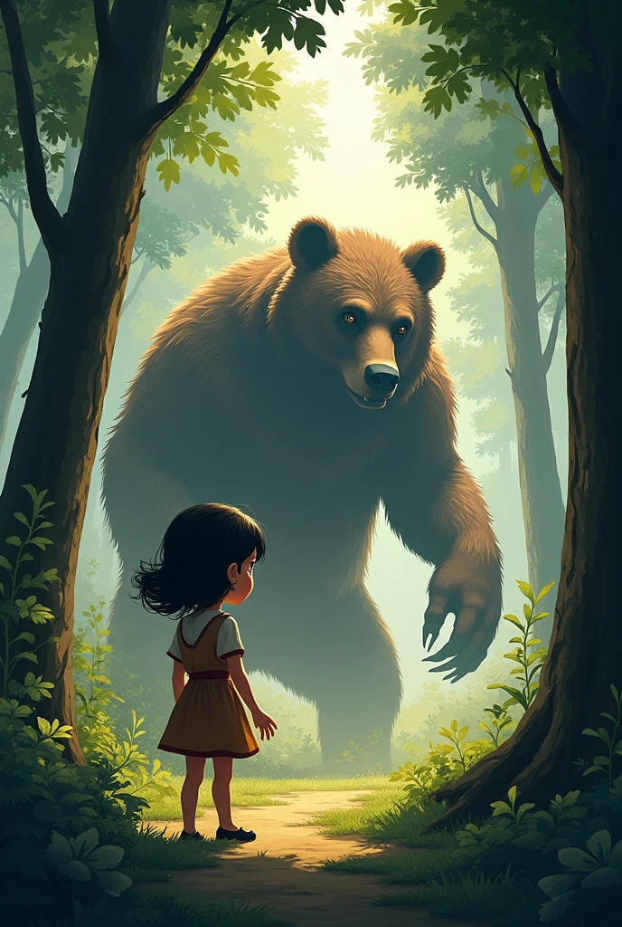 **Lily Watching the Battle:**
- *"A young girl standing behind the scene of a fierce battle, her face filled with awe and fear. She is sheltered by the forest trees, watching her father fight off the menacing bear-like creature."*
