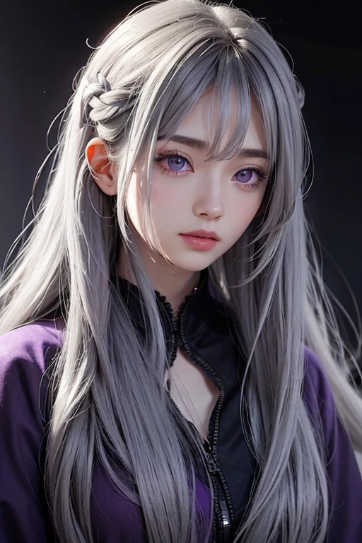 One person, Long Hair, Gray Hair, Purple eyes,Background blur,