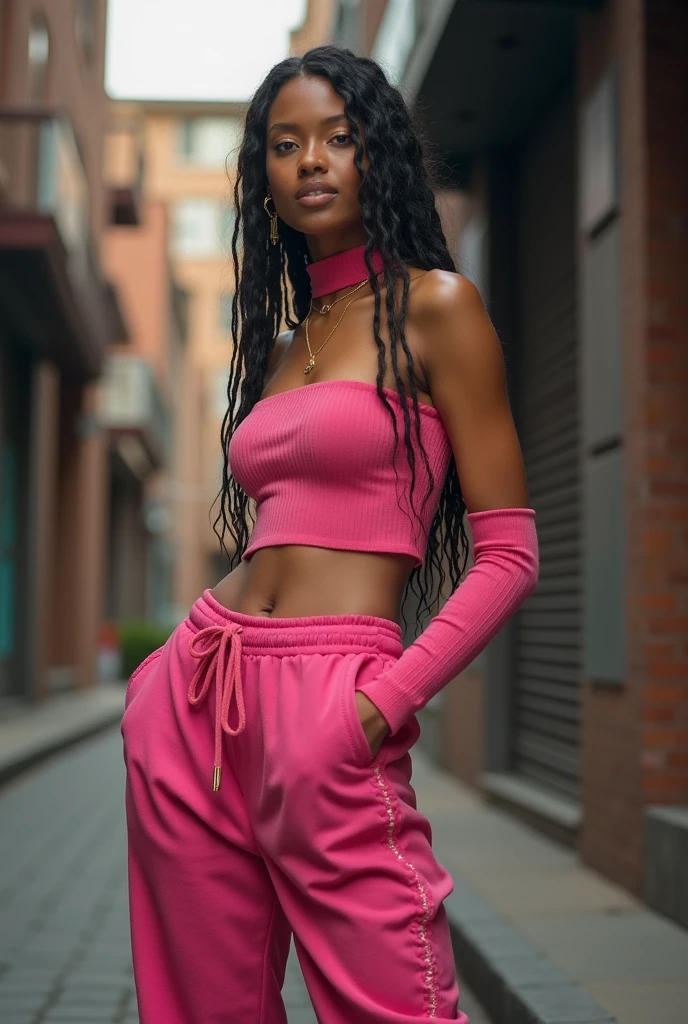A striking photograph of a person confidently revealing their full potential through fashion. The individual is dressed in a stylish, well-coordinated outfit that reflects their personality and sense of self. They stand tall with a confident posture, perhaps smiling or looking determined, in an urban or modern setting. The background is subtly blurred, focusing attention on the person. The image should convey a sense of empowerment, self-discovery, and personal growth, with lighting that enhances the vibrancy of the outfit and the subject's aura