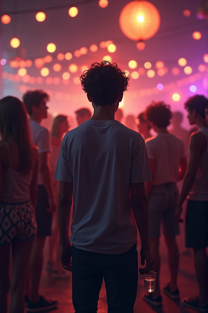 A boy is at a party and thinks about whether to drink alcohol or not.