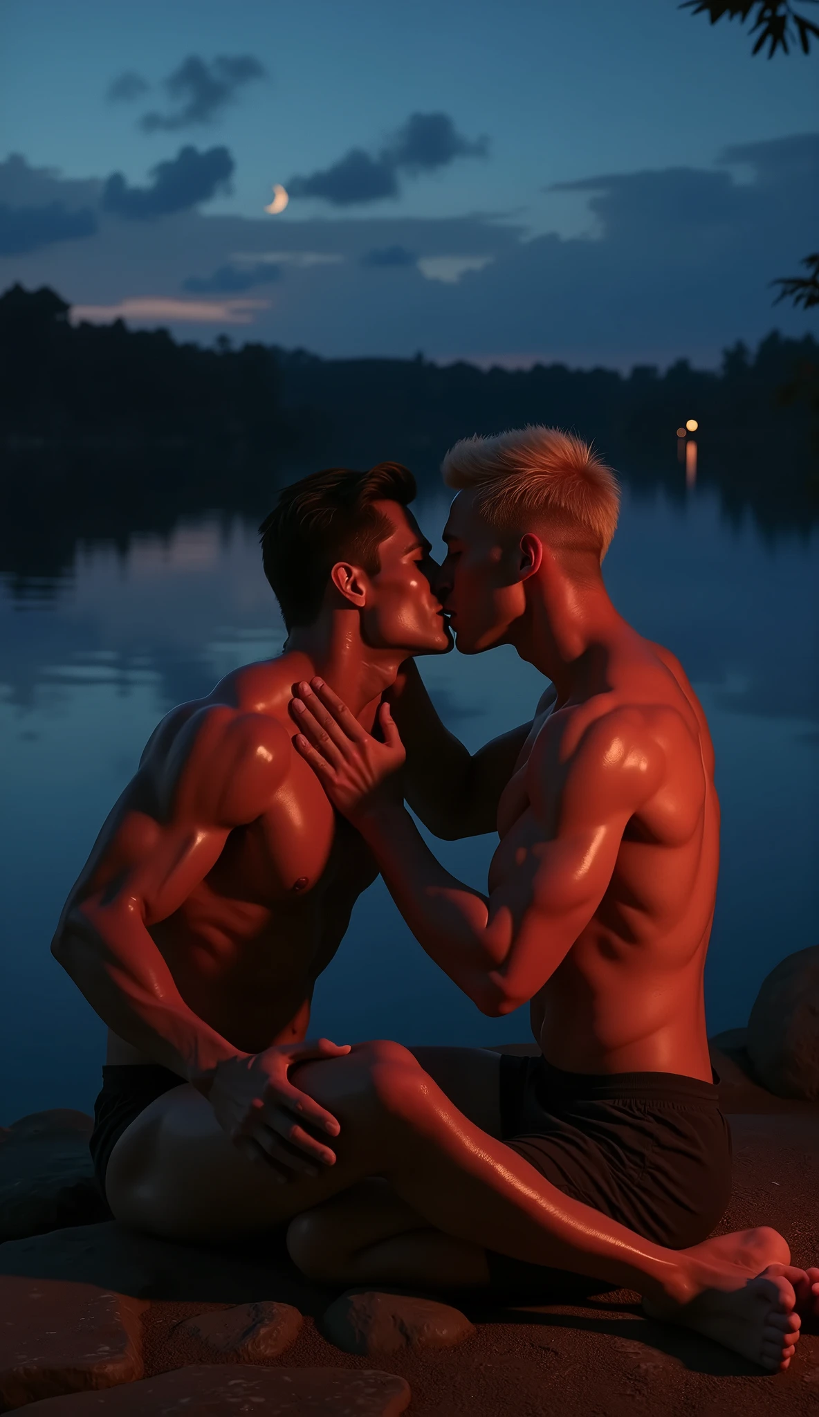 photorealistic, yaoi, best quality, masterpiece, extremely detailed, close up, two men, wearing tiny speedos, extremely handsome 25 year old man with middle parting dark hair, extremely handsome 30 year old filipino man with short blond hair, muscular bodybuilder, sitting by a lake, kissing and holding each other's faces lovingly, crescent moon in the sky, vibrant colors, extremely romantic atmosphere, dark cinematic lighting, dramatic shadows, perfect hands, perfect fingers, perfect face